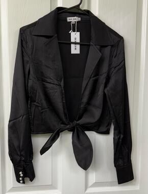 Top Chic black tie waist satin look pearl buttons long sleeve NWT small $68